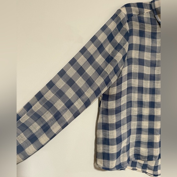 Free People Blue Gingham Plaid Sheer Button-Up Shirt Size Medium Cottage Preppy - Picture 3 of 10